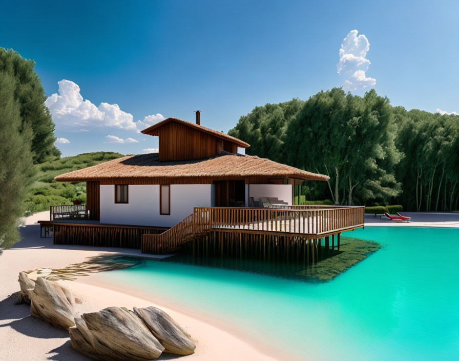 Thatched Roof Modern House with Pool & Wooden Deck