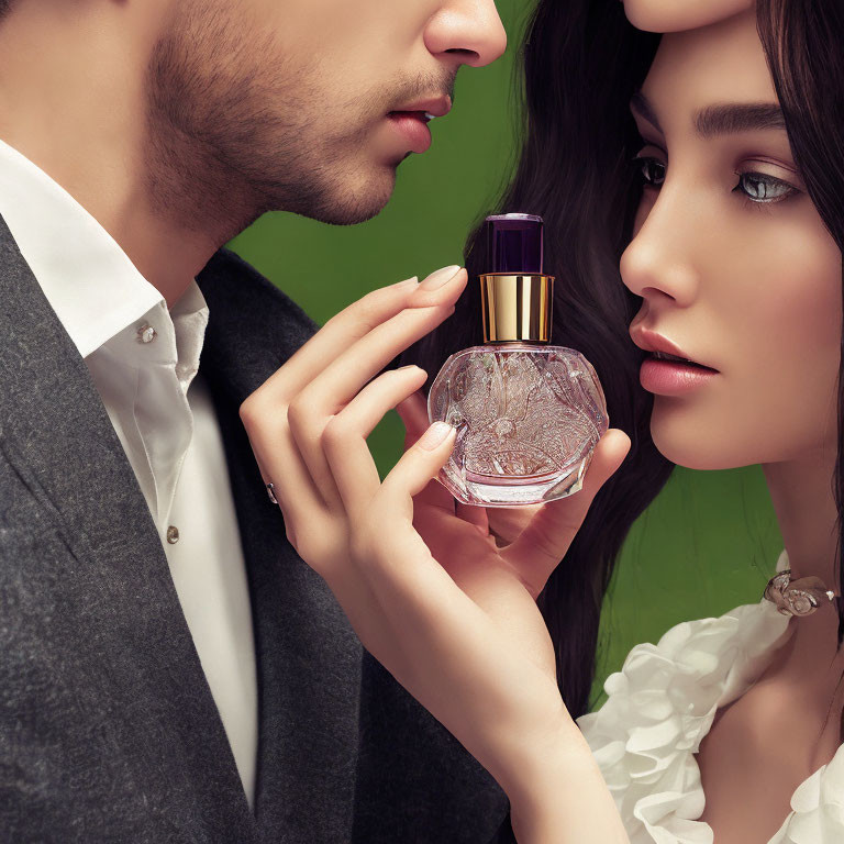 Man and woman in romantic pose with perfume bottle symbolizing intimacy and allure.