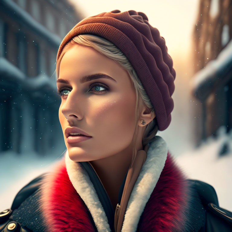 Blonde Woman in Warm Winter Attire on Snowy Street
