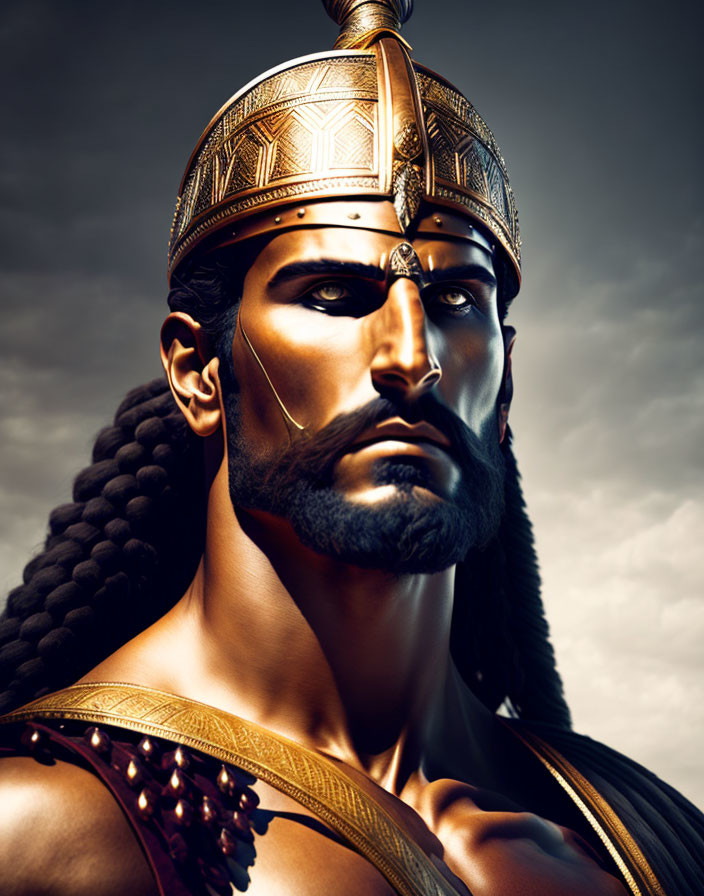 Detailed digital artwork of stern warrior in golden armor