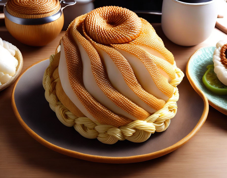 Intricate knit fabric pattern cake on brown plate