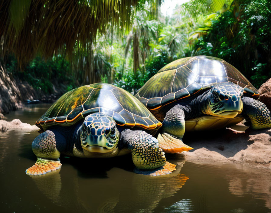 Sunlit riverbank scene: Two turtles resting among lush greenery