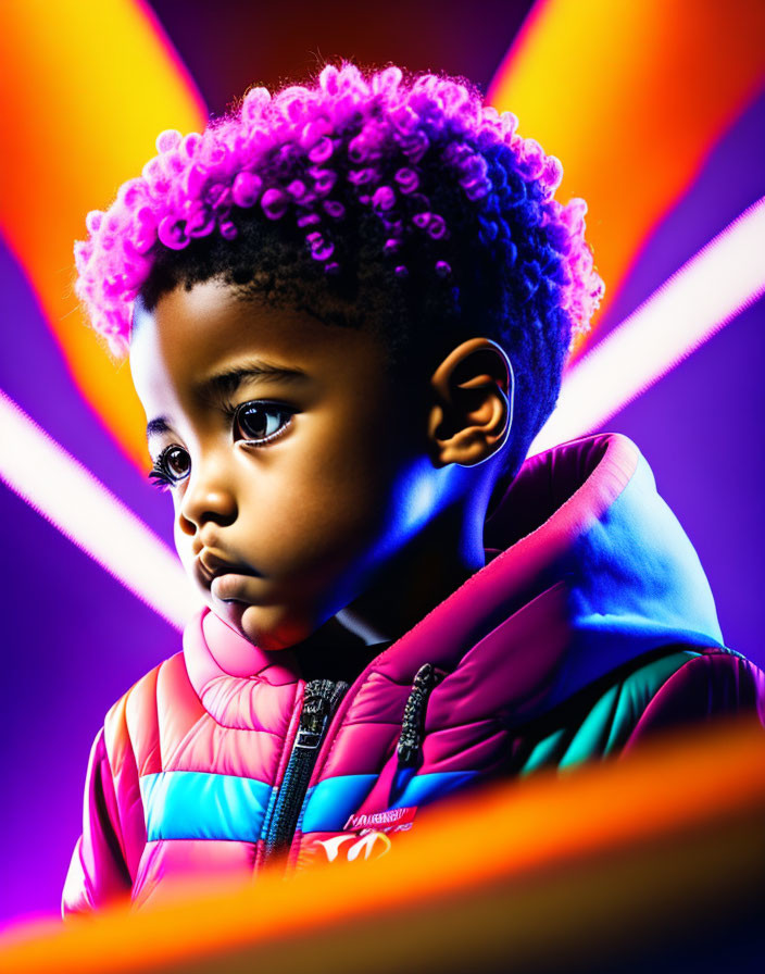 Colorful Child with Vibrant Hair in Multicolored Puffer Jacket