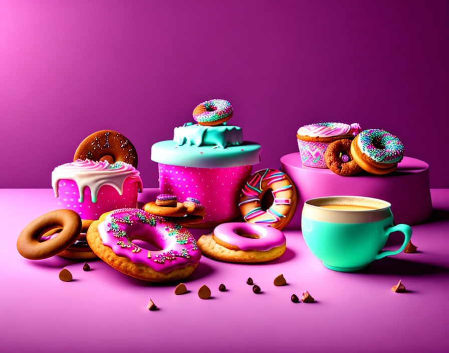 Colorful Donuts, Coffee, and Chocolate Chips on Purple Background