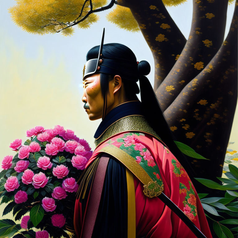 Asian warrior in traditional armor with pink peonies and majestic tree.