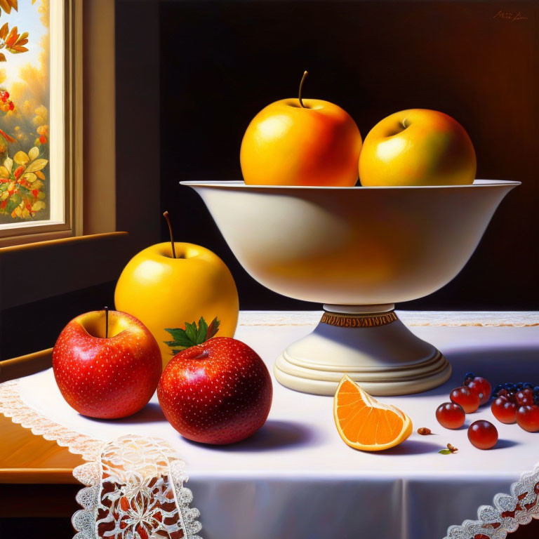 Hyperrealistic Still Life Painting of White Fruit Bowl with Apples, Orange Slice, Grapes,