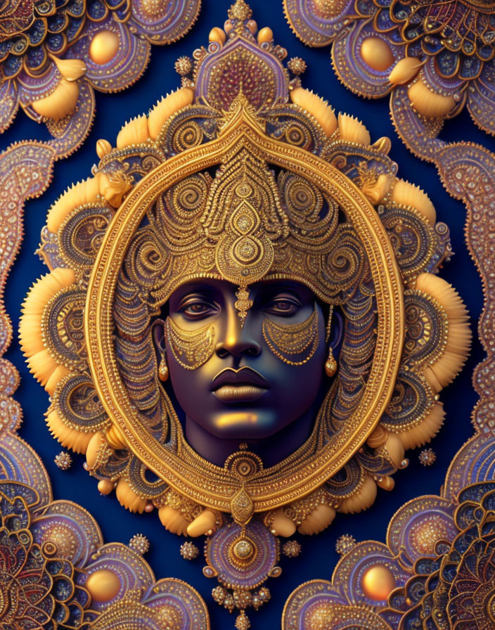 Detailed digital artwork: golden ornamental frame, blue face with gold jewelry, decorative background.