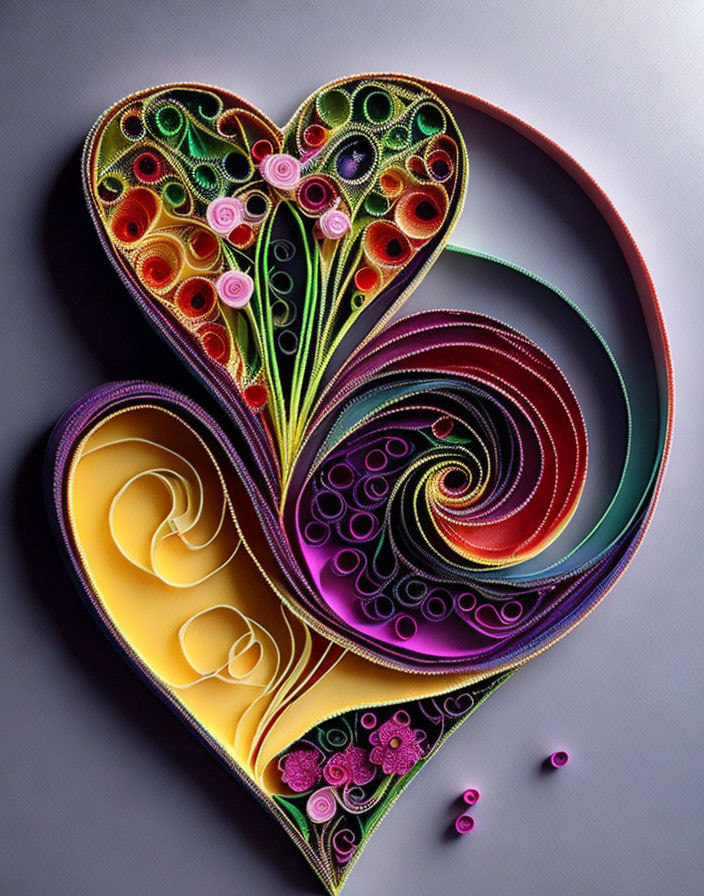 Colorful Heart-Shaped Paper Quilling Art with Spirals and Floral Patterns