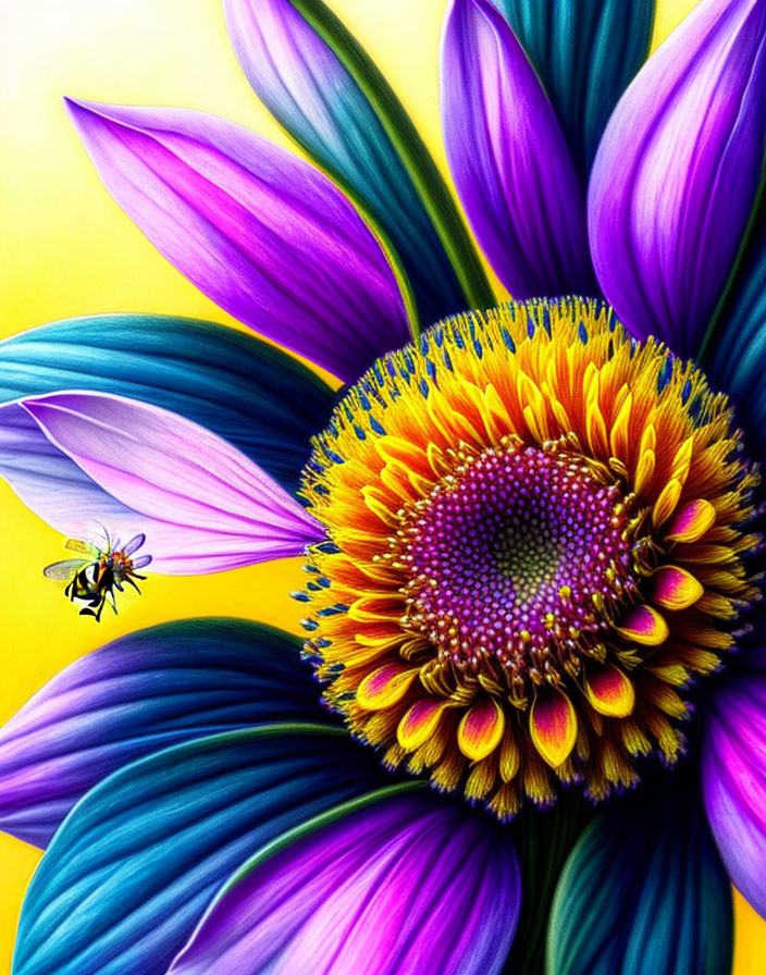 Detailed Yellow and Purple Flower Painting with Bee on Bright Background