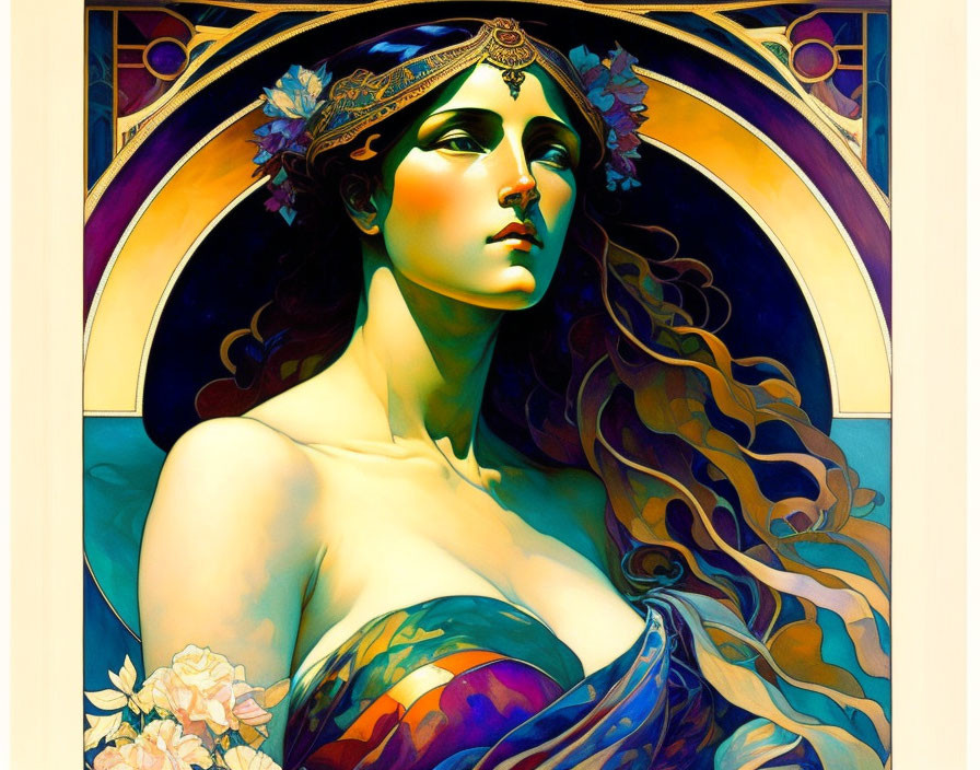Colorful Art Nouveau Style Woman Illustration with Flowing Hair