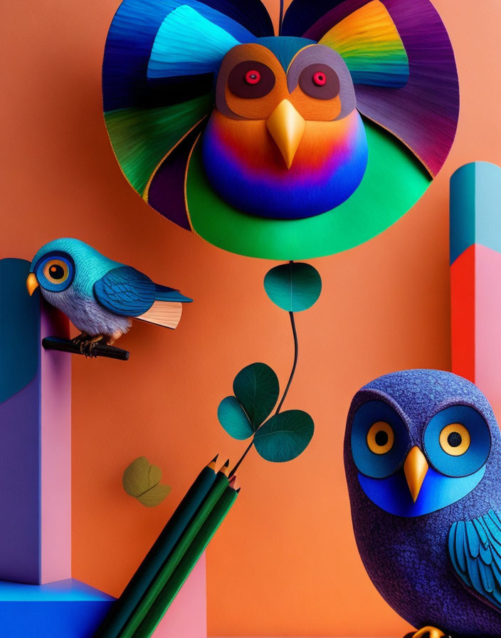 Vibrant paper art installation of stylized birds and geometric shapes