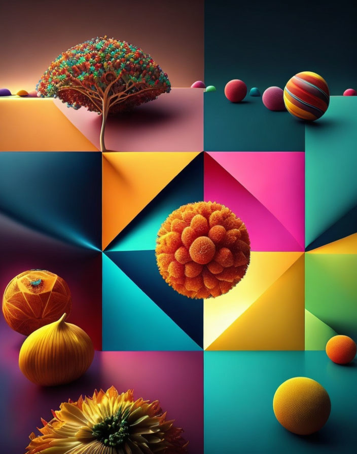 Colorful Geometric Collage with Spheres and Plants on Textured Backgrounds