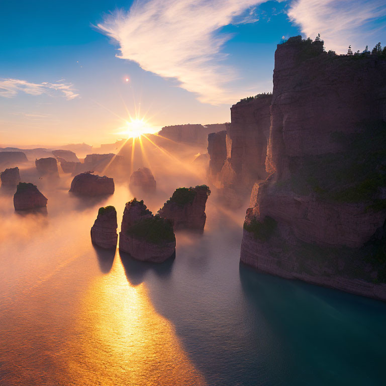 Majestic sunrise over serene canyon with towering cliffs and river reflection