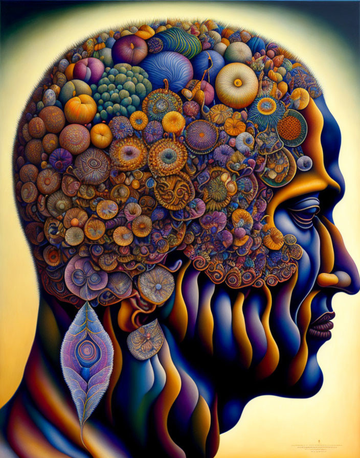 Colorful Abstract Human Head Profile with Fruit and Ornament Patterns
