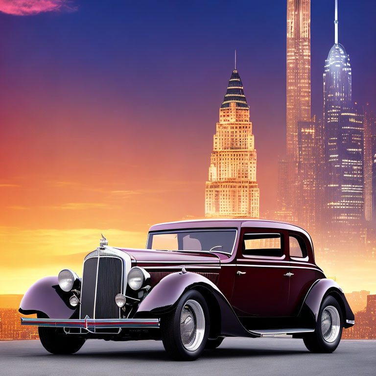 Vintage Burgundy and Black Car Silhouetted Against Sunset Skyscrapers