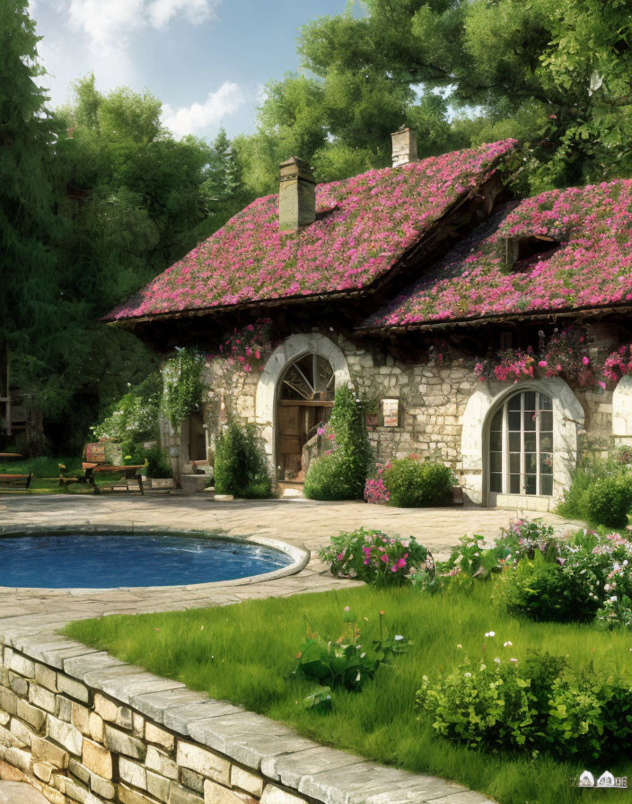 Quaint Stone Cottage with Pink Flowering Roof in Lush Greenery