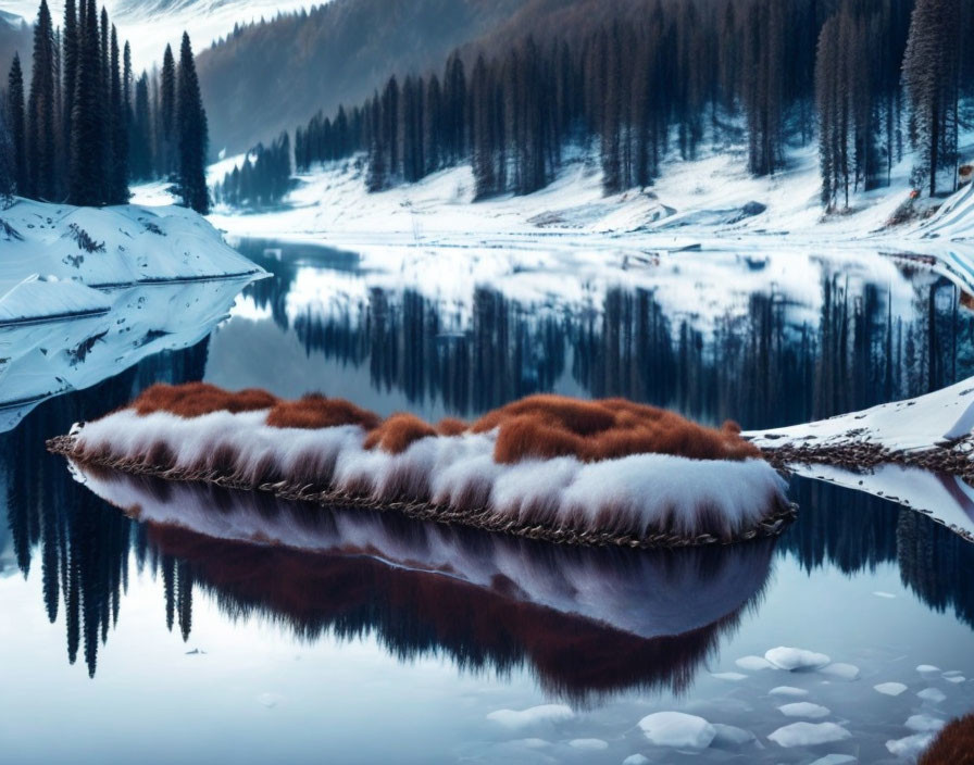 Snowy hills and mirror-like lake in serene winter landscape