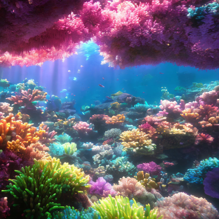 Colorful Coral Formations and Marine Life in Vibrant Underwater Scene