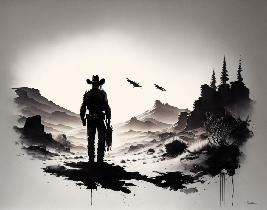 Monochrome cowboy illustration in desert landscape