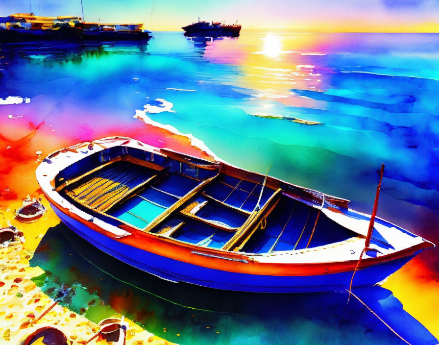 Colorful Watercolor Painting of Solitary Boat on Calm Sea