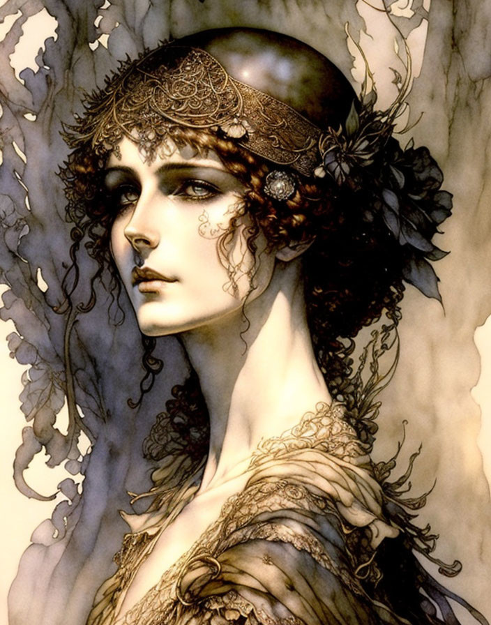 Detailed illustration of woman with intricate headwear and captivating gaze on sepia backdrop
