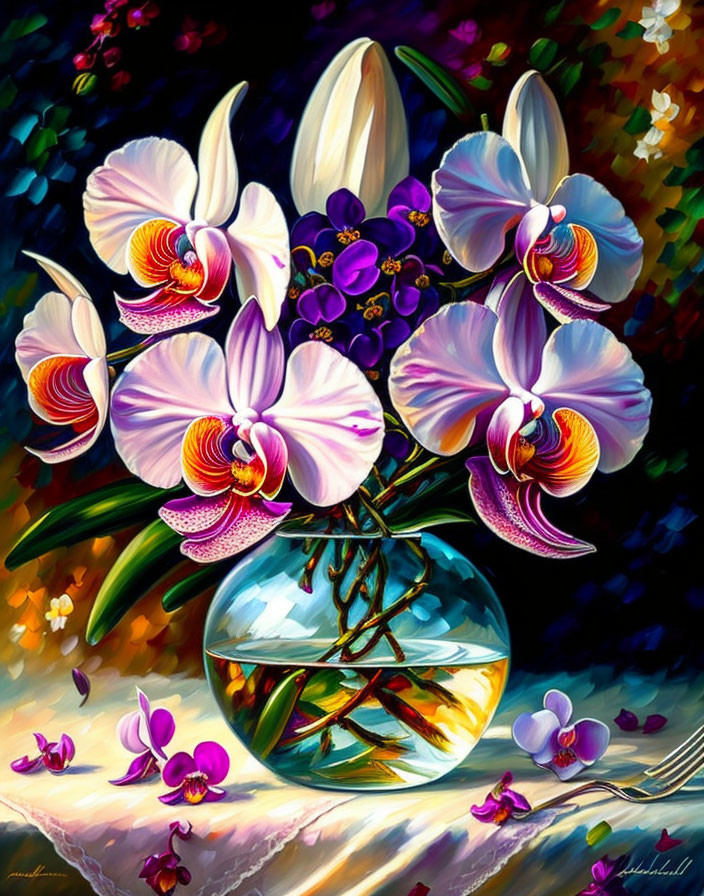 Colorful painting of white and purple orchids in clear vase on abstract background