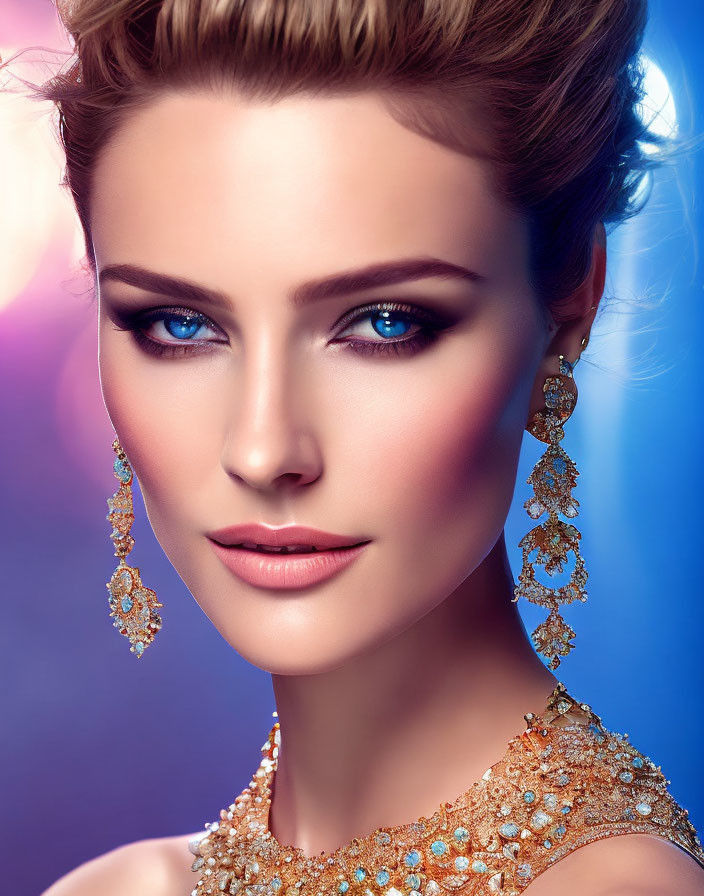 Blue-eyed woman with styled hair, makeup, gold gemstone earrings, and necklace on blue background