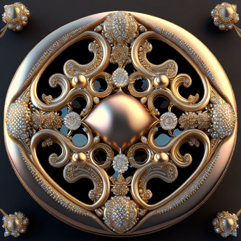 Symmetrical fractal design with ornate gold patterns and spherical shapes