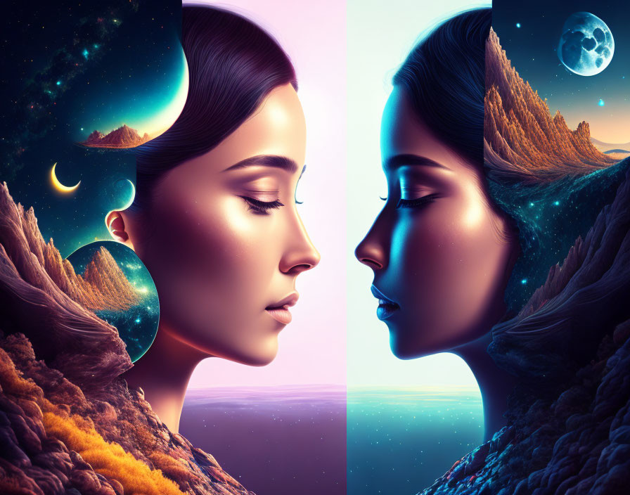 Digital artwork: Two women's profiles with cosmic and natural landscapes, symbolizing day and night