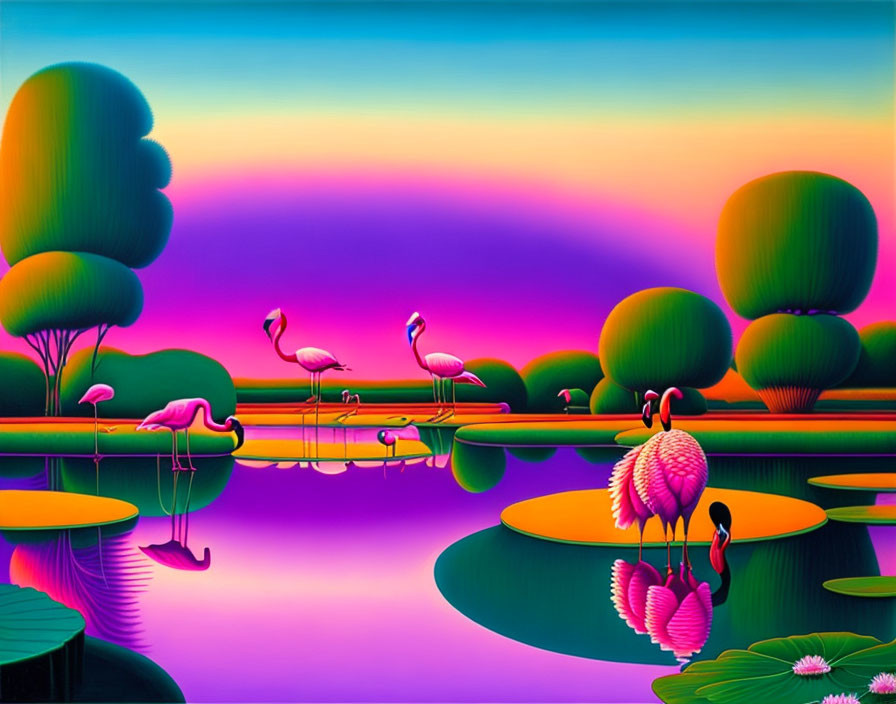 Colorful Sunset Reflection on Water with Flamingos and Exaggerated Trees