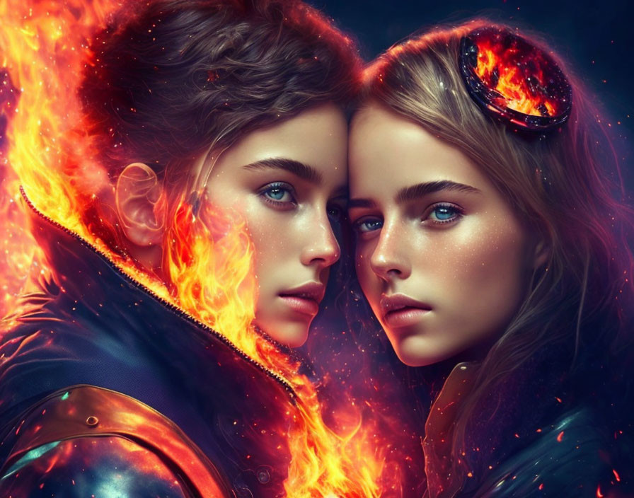 Fiery and cosmic-themed individuals in intense gaze