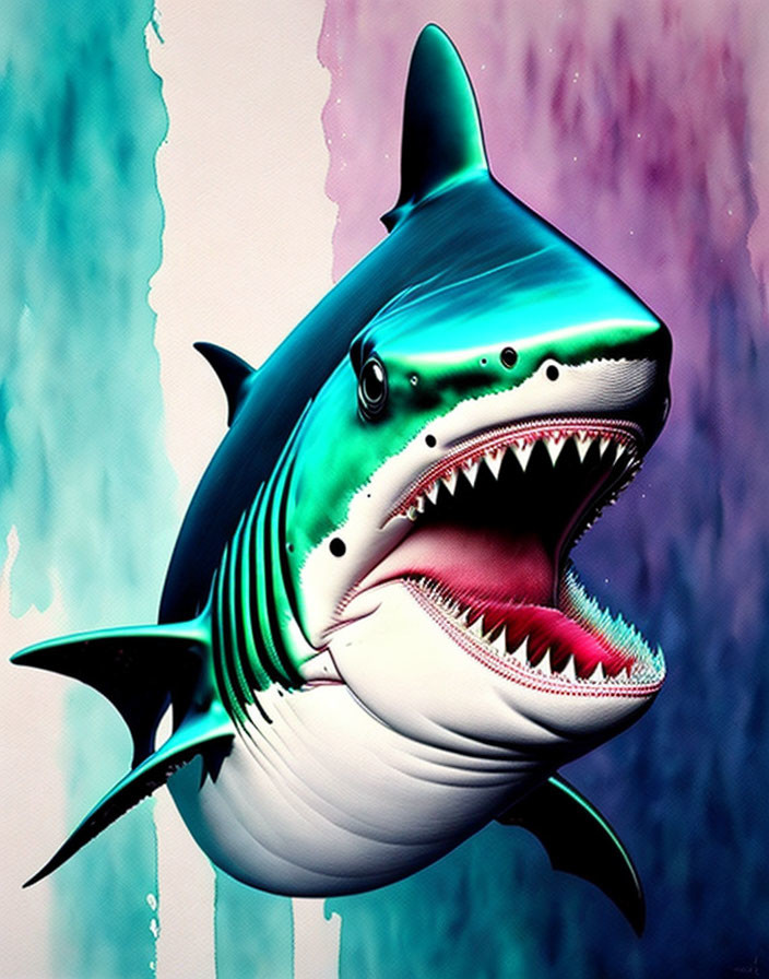 Great White Shark with Open Mouth in Watercolor Background