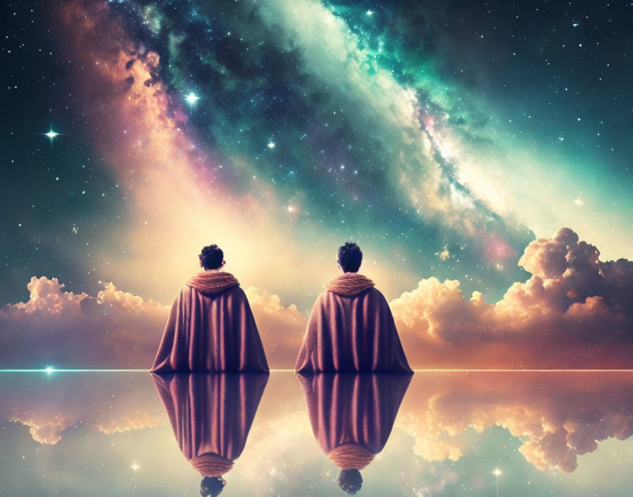 Cloaked figures gaze at vibrant celestial scene with reflective surface.