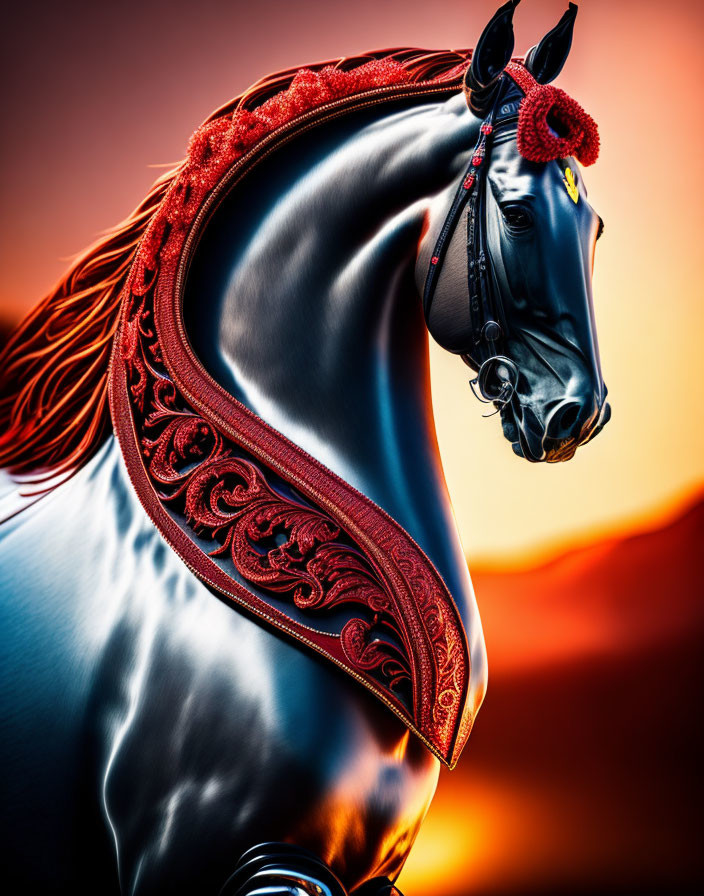 Majestic black horse with red and gold tack on amber background
