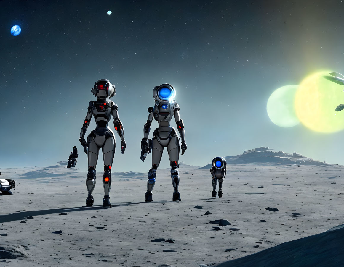Futuristic astronauts on barren moon with starship and multiple moons.