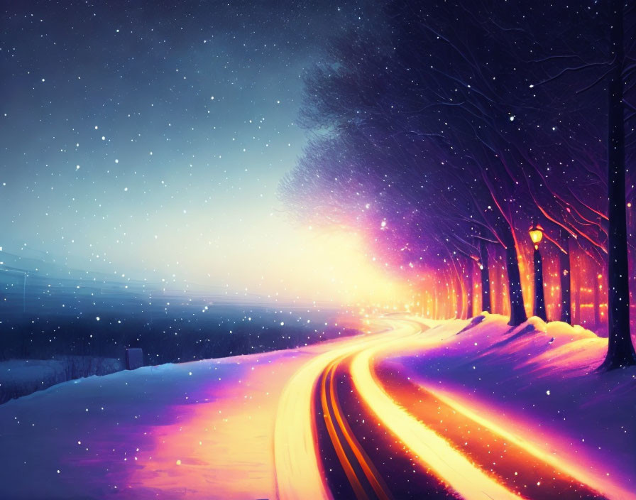 Snow-covered Road at Night with Street Lamps and Aurora Glow