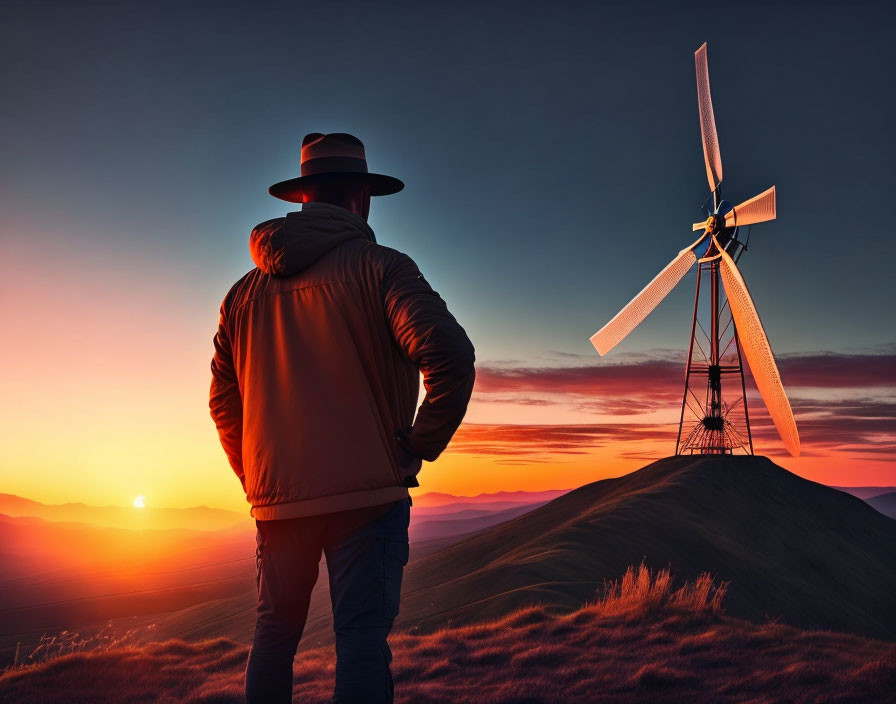 Person in hat and jacket admires wind turbines on hill at sunset