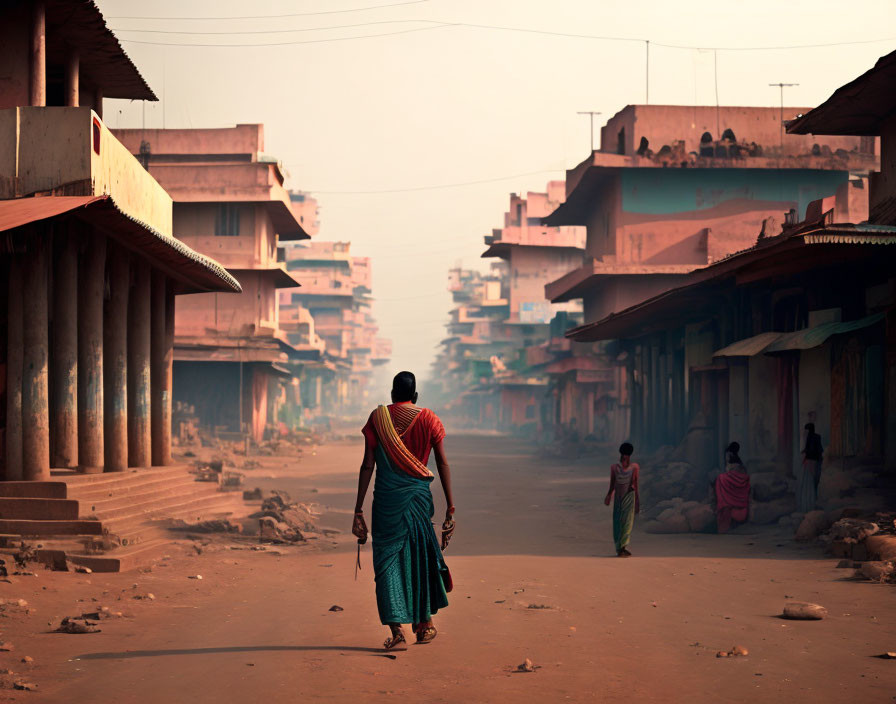 Woman walking down dusty street with buildings and people in warm lighting.