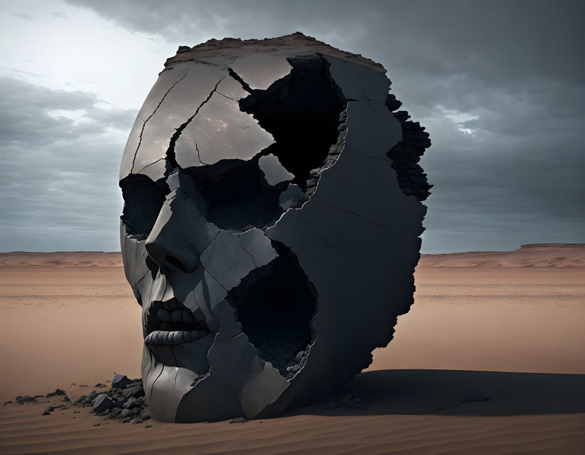 Fragmented Human Head Sculpture in Desert Landscape
