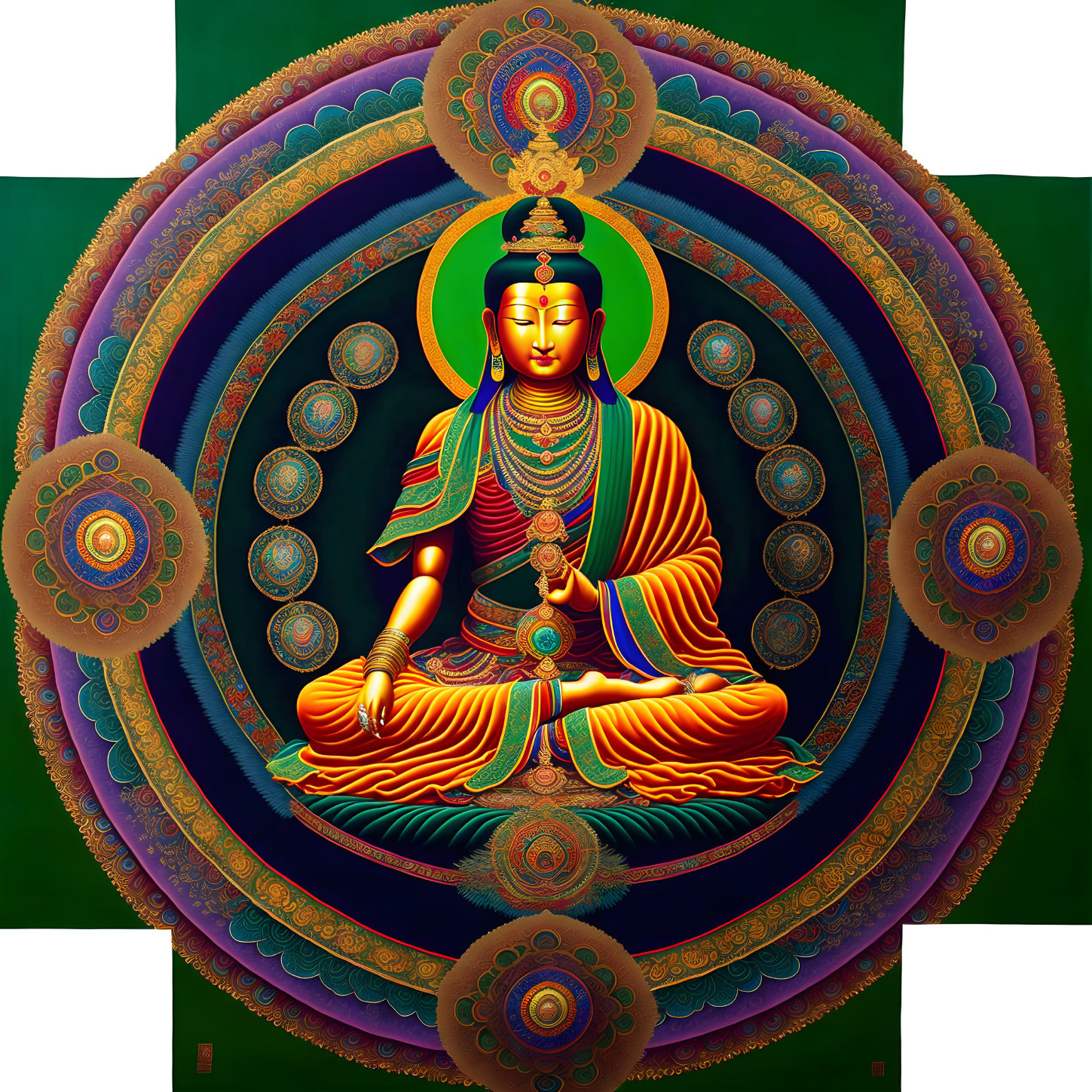 Colorful Meditating Figure Surrounded by Ornate Mandala