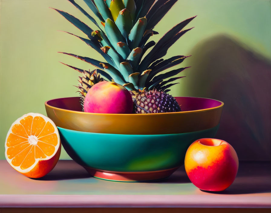 Colorful still life painting with fruit bowl and apple on table