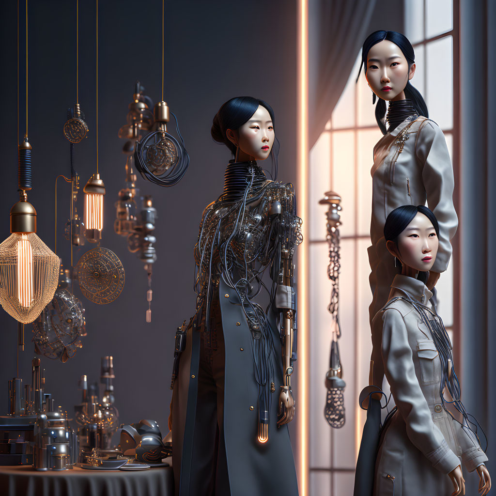 Three identical women in futuristic attire surrounded by hanging lamps and mechanical devices in an elegant room.
