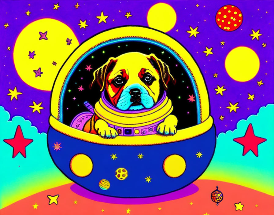 Colorful pug in spacesuit inside spacecraft against cosmic backdrop