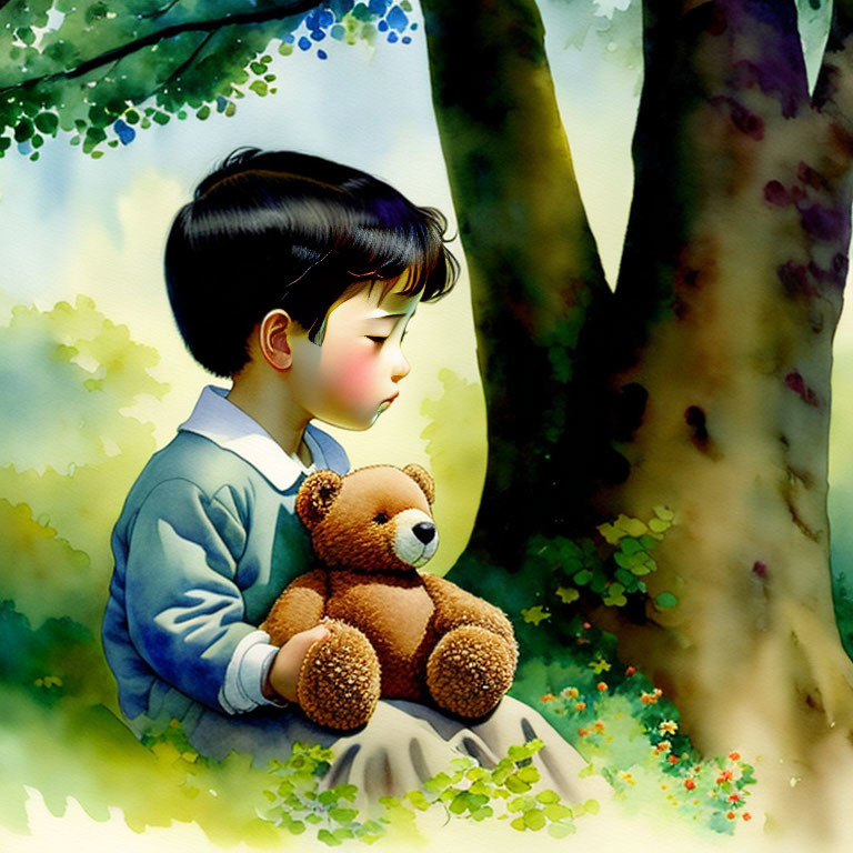 Child with Teddy Bear Sitting by Tree in Colorful Forest