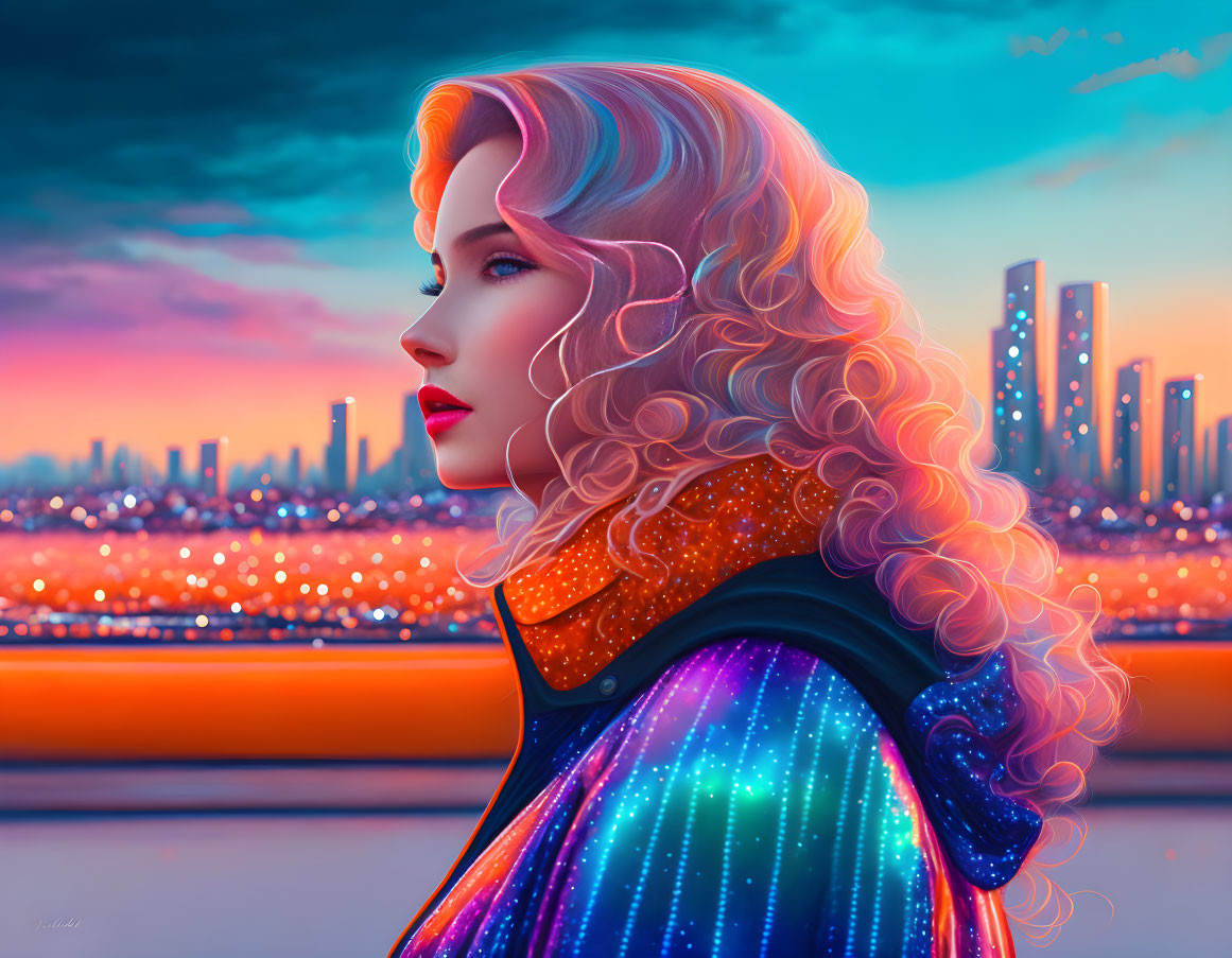Blonde woman with wavy hair in starry jacket gazes at twilight skyline