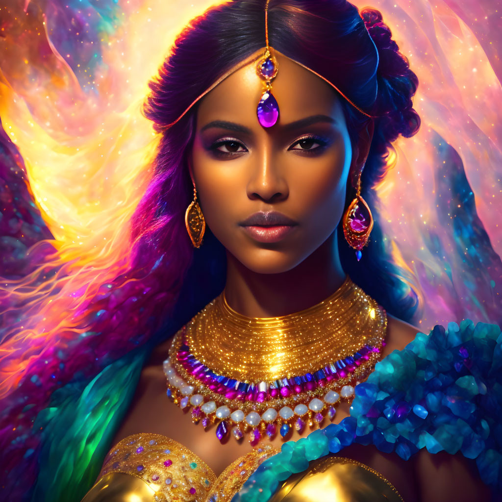 Colorful Jewels Adorned Woman in Cosmic Background