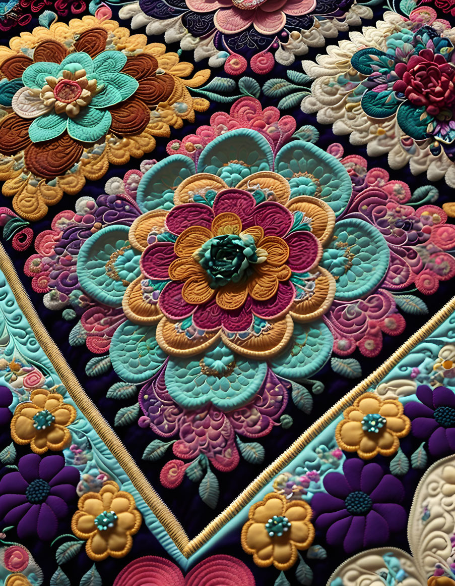 Colorful Three-Dimensional Floral Pattern Textile with Detailed Stitching