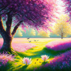 Colorful landscape with cherry tree, purple flowers, water lilies, and radiant tree