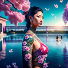 Tattooed woman by tranquil pool with cherry blossoms and swimmer