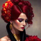 Portrait of Woman with Vibrant Red Hair, Flowers, Gold Ornaments, Makeup, and Roses